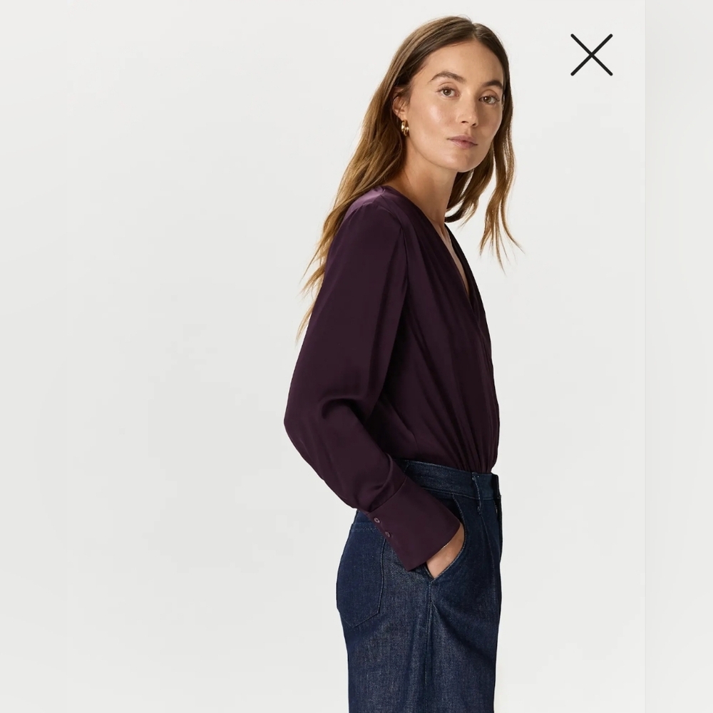 NWT! Quince Washable Stretch Silk Surplice Sleeved Purple Bodysuit! Sz. S (H54) - Picture 3 of 11
